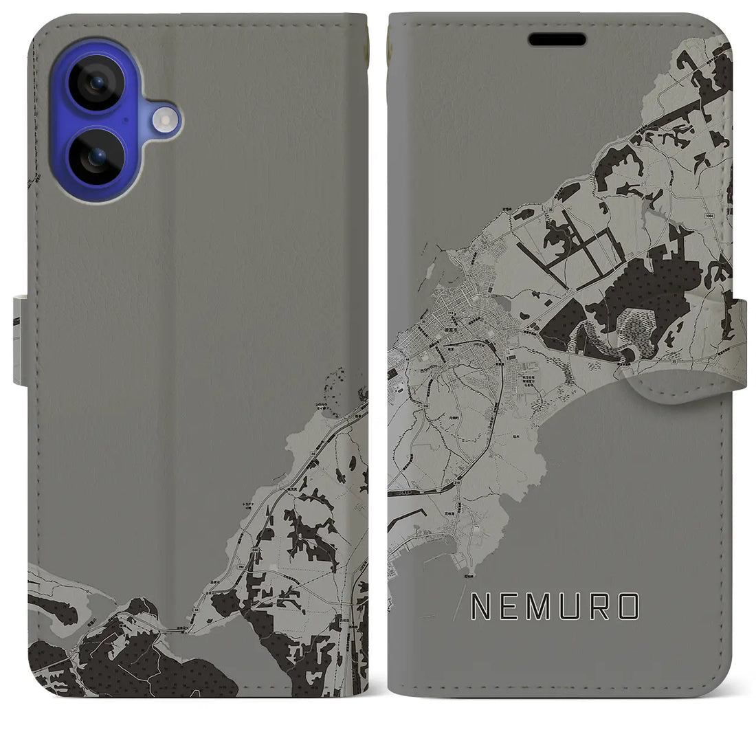 【根室(北海道)】地図柄iPhoneケース(手帳タイプ)モノトーン・iPhone 16 Pro Max 用