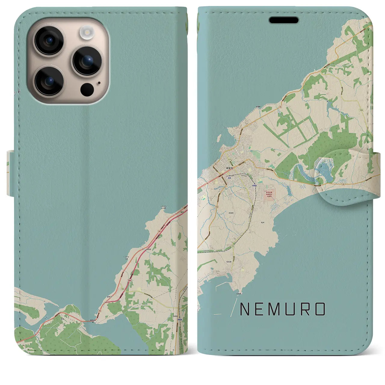 【根室（北海道）】地図柄iPhoneケース（手帳タイプ）ナチュラル・iPhone 16 Plus 用