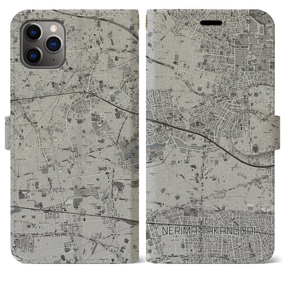 【練馬高野台（東京都）】地図柄iPhoneケース（手帳タイプ）モノトーン・iPhone 11 Pro Max 用