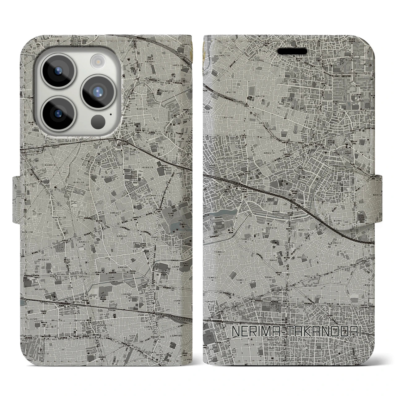 【練馬高野台】地図柄iPhoneケース（手帳両面タイプ・モノトーン）iPhone 15 Pro 用