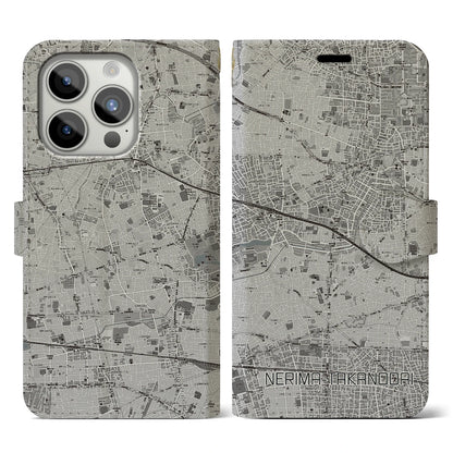 【練馬高野台（東京都）】地図柄iPhoneケース（手帳タイプ）モノトーン・iPhone 15 Pro 用