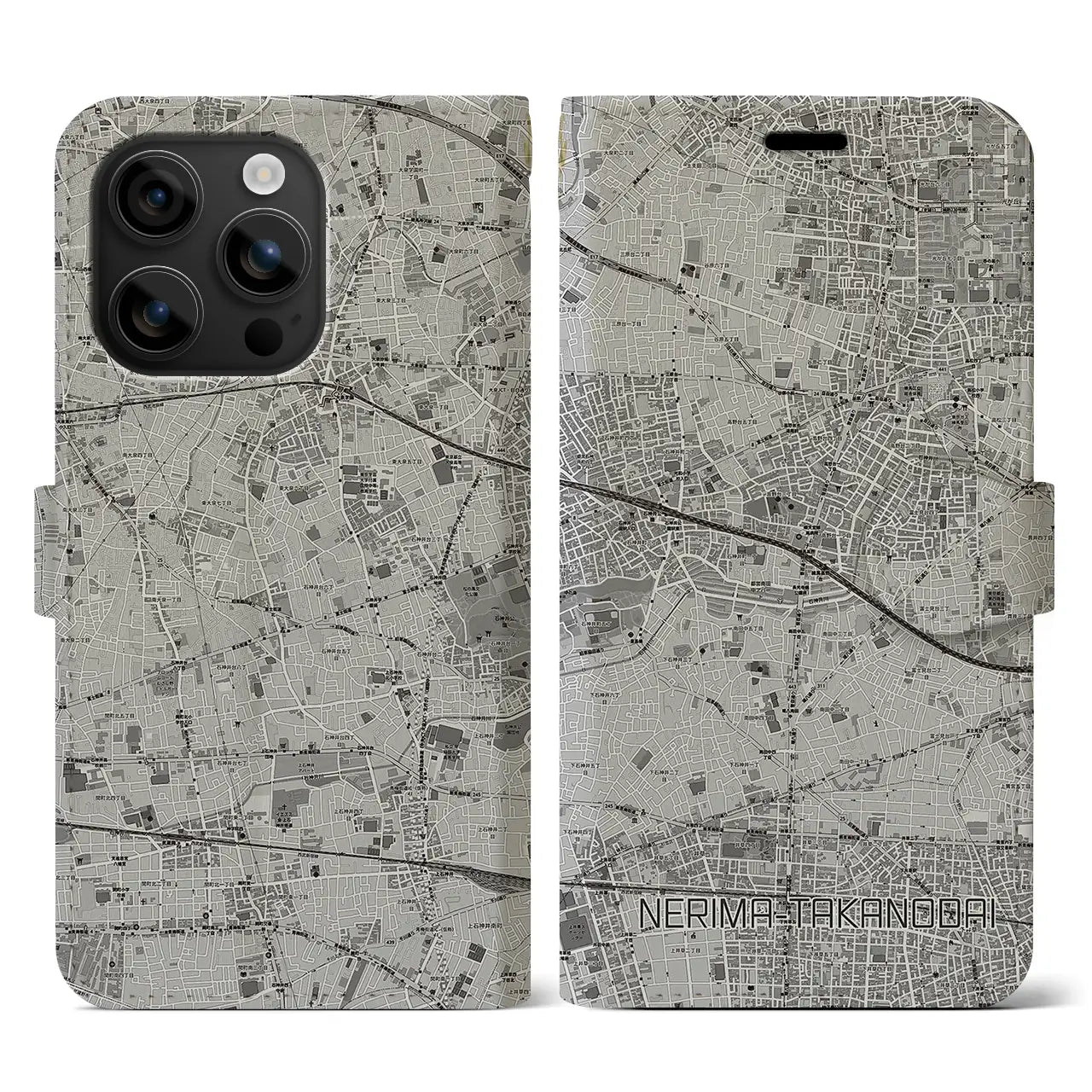 【練馬高野台（東京都）】地図柄iPhoneケース（手帳タイプ）モノトーン・iPhone 16 用