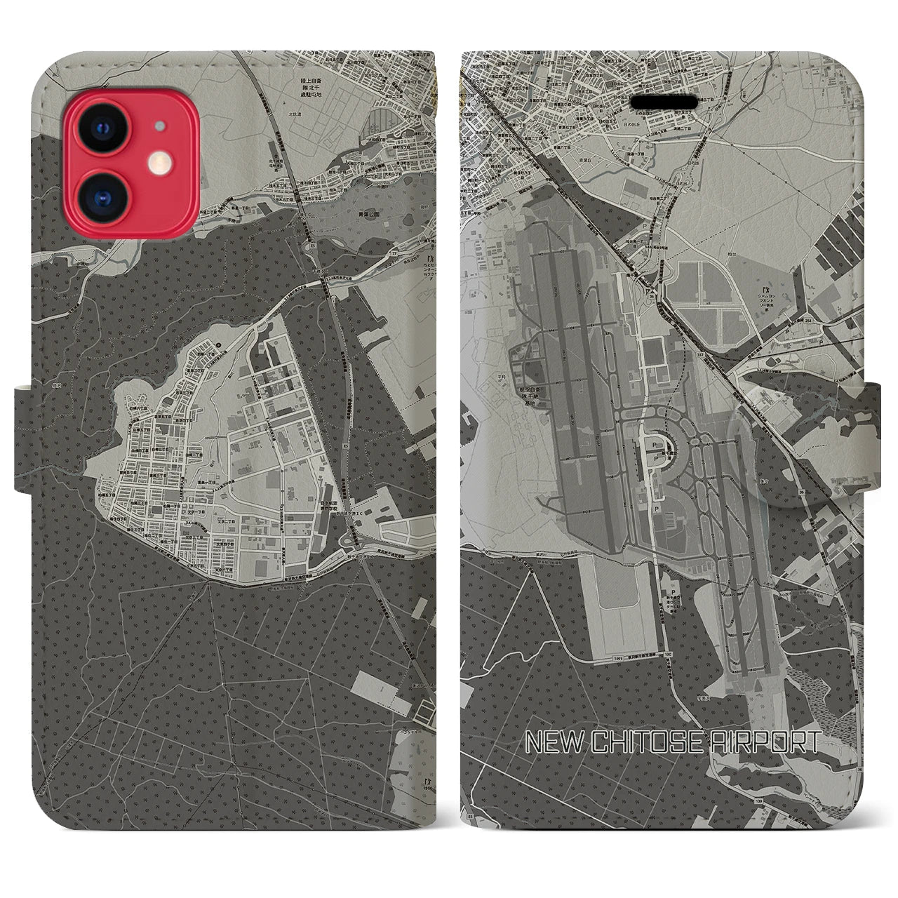 【新千歳空港】地図柄iPhoneケース（手帳両面タイプ・モノトーン）iPhone 11 用