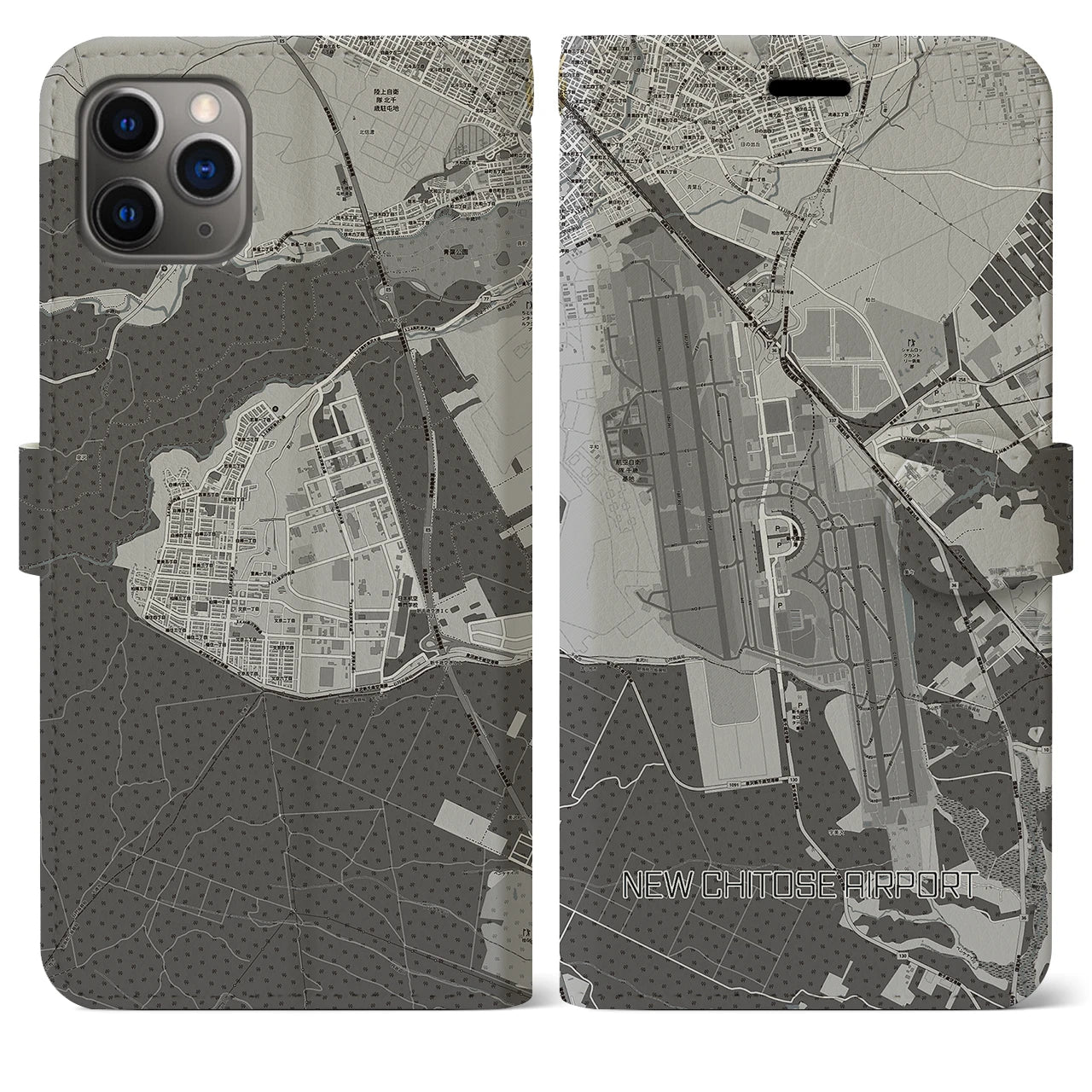 【新千歳空港】地図柄iPhoneケース（手帳両面タイプ・モノトーン）iPhone 11 Pro Max 用