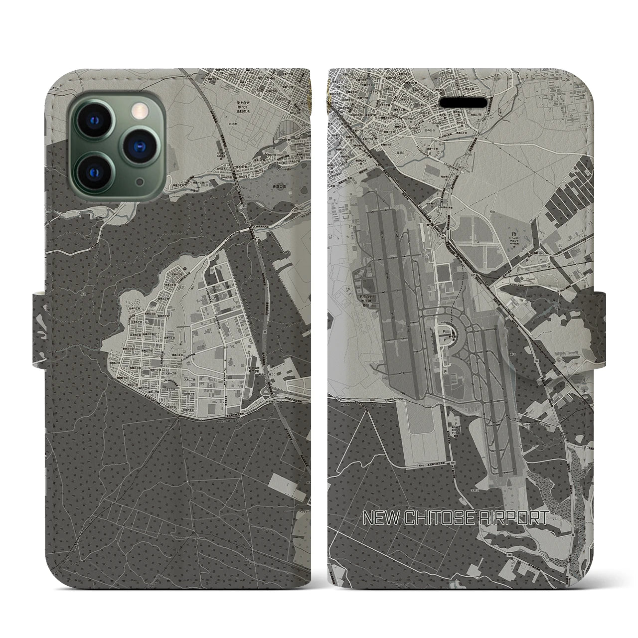 【新千歳空港】地図柄iPhoneケース（手帳両面タイプ・モノトーン）iPhone 11 Pro 用