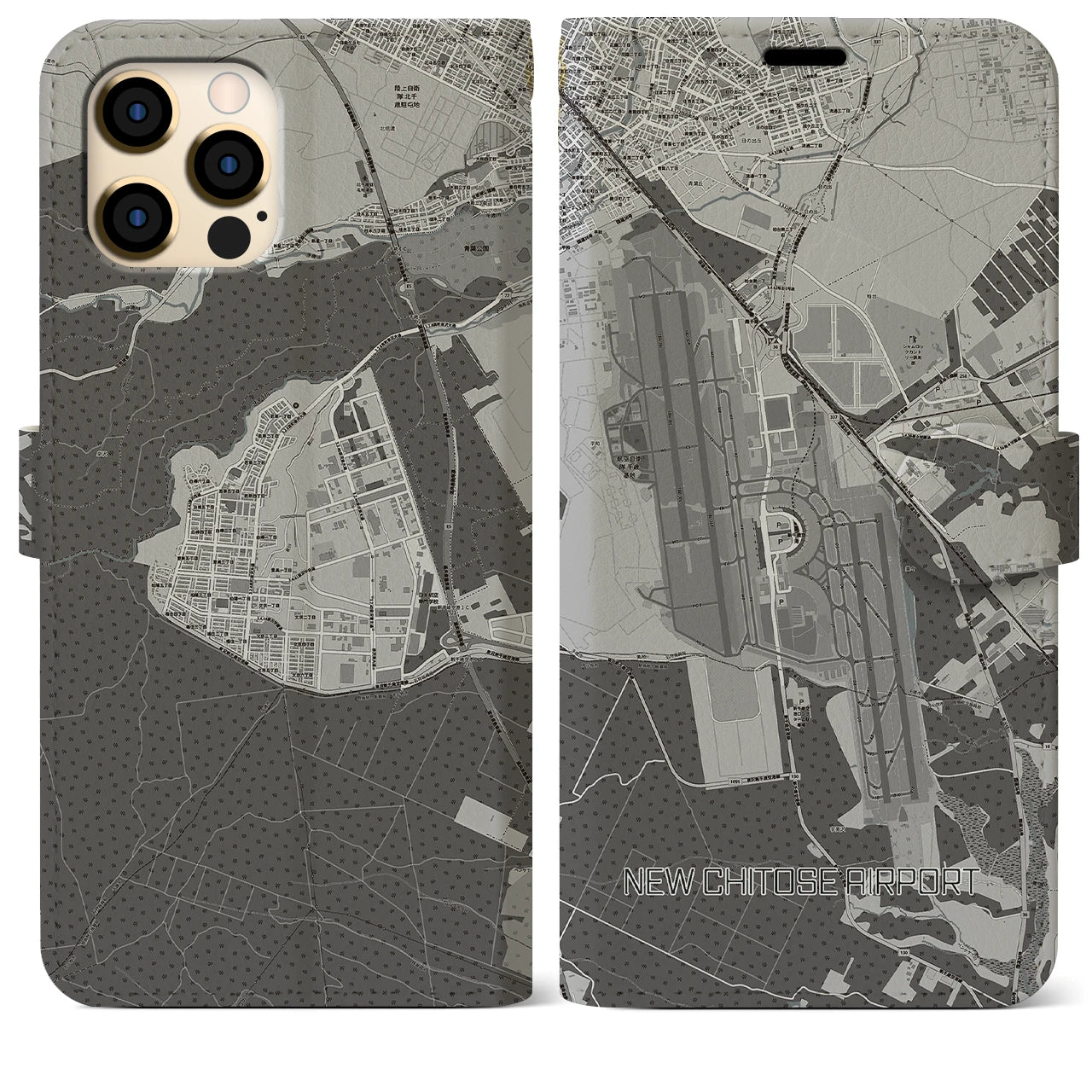 【新千歳空港】地図柄iPhoneケース（手帳両面タイプ・モノトーン）iPhone 12 Pro Max 用