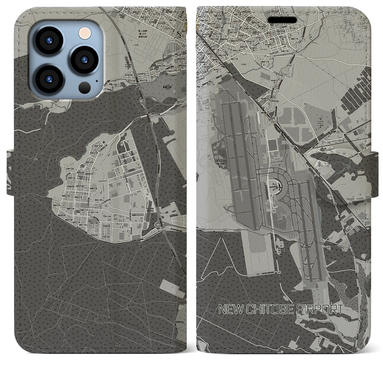 【新千歳空港】地図柄iPhoneケース（手帳両面タイプ・モノトーン）iPhone 13 Pro Max 用