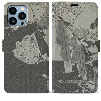 【新千歳空港（北海道）】地図柄iPhoneケース（手帳タイプ）モノトーン・iPhone 13 Pro Max 用