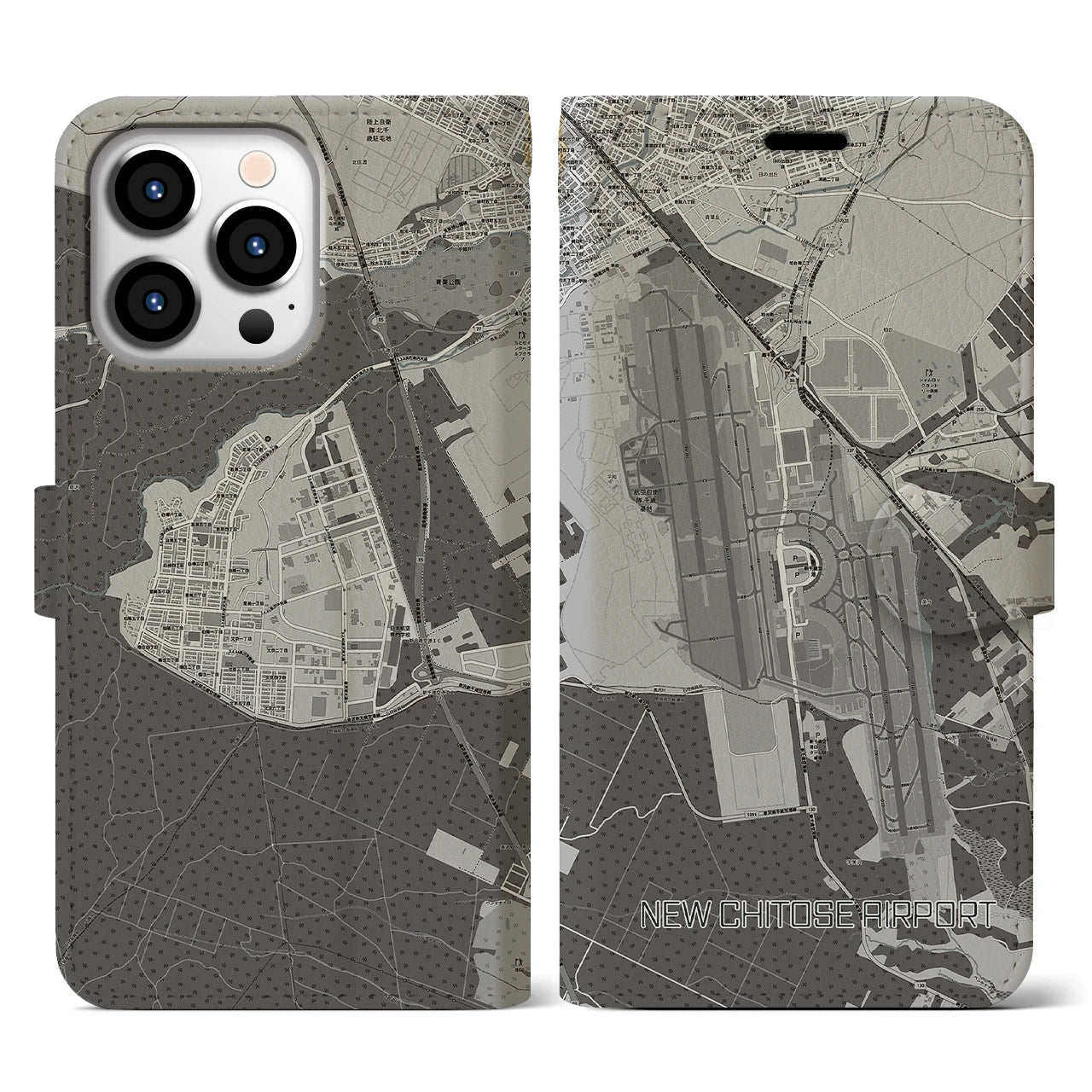 【新千歳空港】地図柄iPhoneケース（手帳両面タイプ・モノトーン）iPhone 13 Pro 用