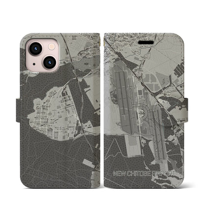 【新千歳空港（北海道）】地図柄iPhoneケース（手帳タイプ）モノトーン・iPhone 13 mini 用