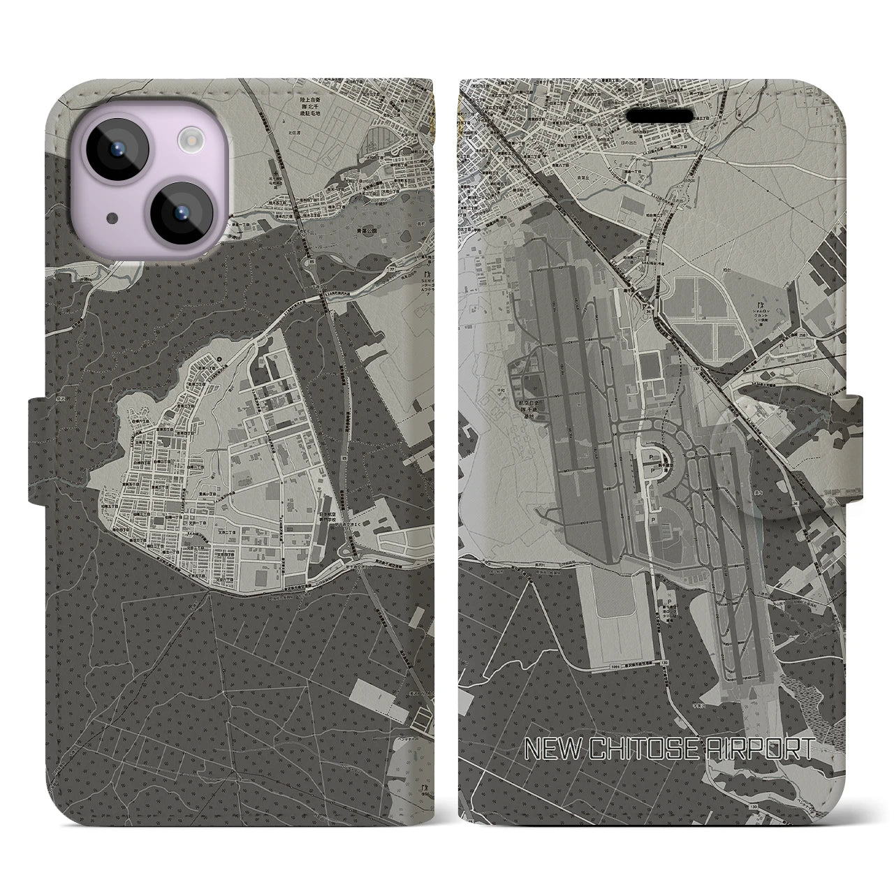 【新千歳空港】地図柄iPhoneケース（手帳両面タイプ・モノトーン）iPhone 14 用