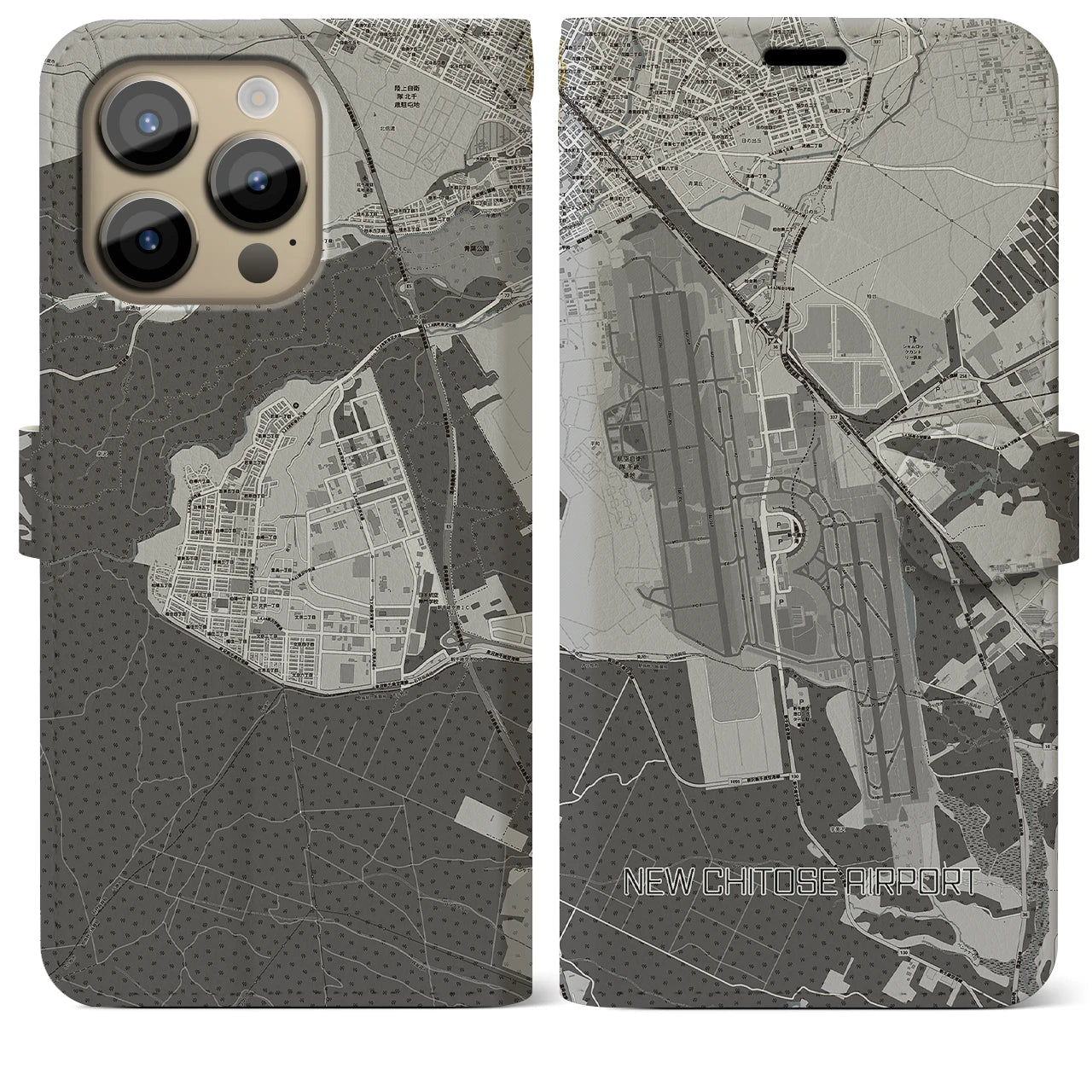【新千歳空港】地図柄iPhoneケース（手帳両面タイプ・モノトーン）iPhone 14 Pro Max 用