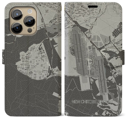 【新千歳空港（北海道）】地図柄iPhoneケース（手帳タイプ）モノトーン・iPhone 14 Pro Max 用