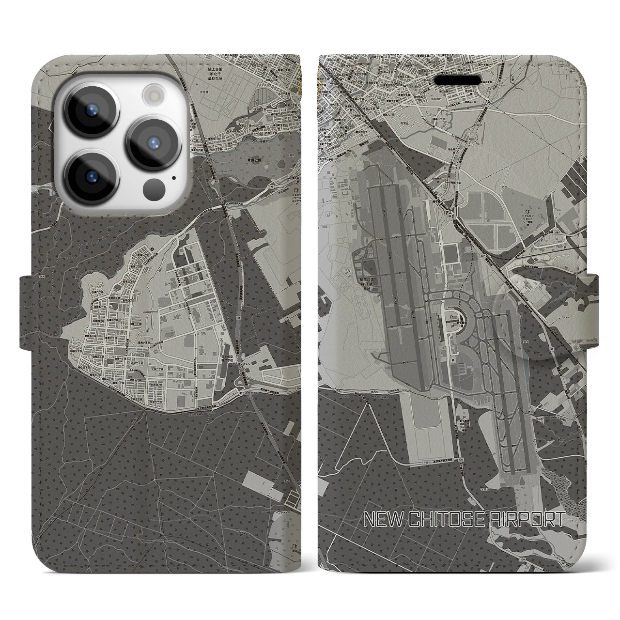 【新千歳空港】地図柄iPhoneケース（手帳両面タイプ・モノトーン）iPhone 14 Pro 用