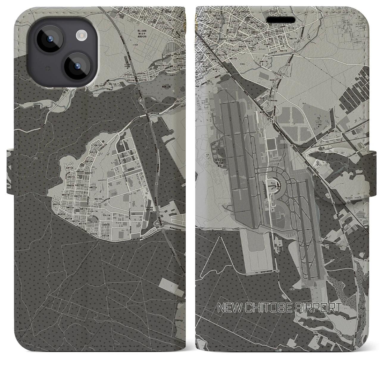 【新千歳空港】地図柄iPhoneケース（手帳両面タイプ・モノトーン）iPhone 14 Plus 用