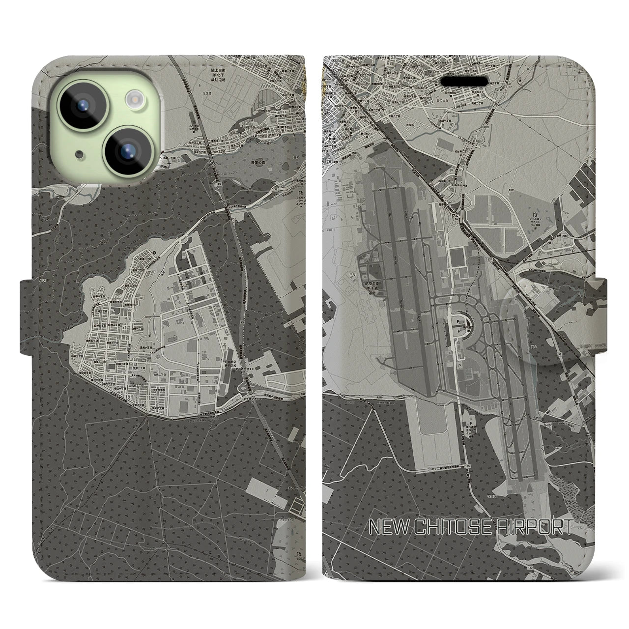 【新千歳空港】地図柄iPhoneケース（手帳両面タイプ・モノトーン）iPhone 15 用