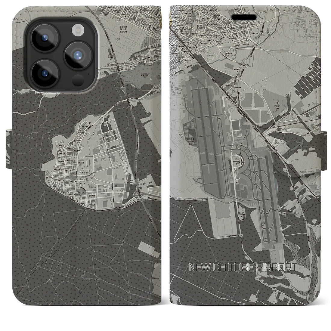 【新千歳空港】地図柄iPhoneケース（手帳両面タイプ・モノトーン）iPhone 15 Pro Max 用