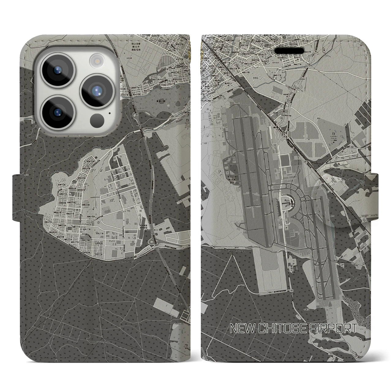 【新千歳空港】地図柄iPhoneケース（手帳両面タイプ・モノトーン）iPhone 15 Pro 用