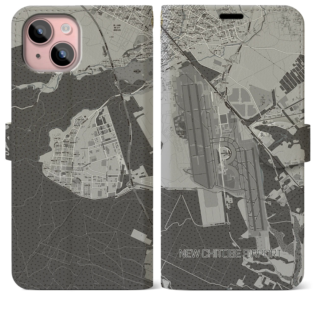 【新千歳空港】地図柄iPhoneケース（手帳両面タイプ・モノトーン）iPhone 15 Plus 用