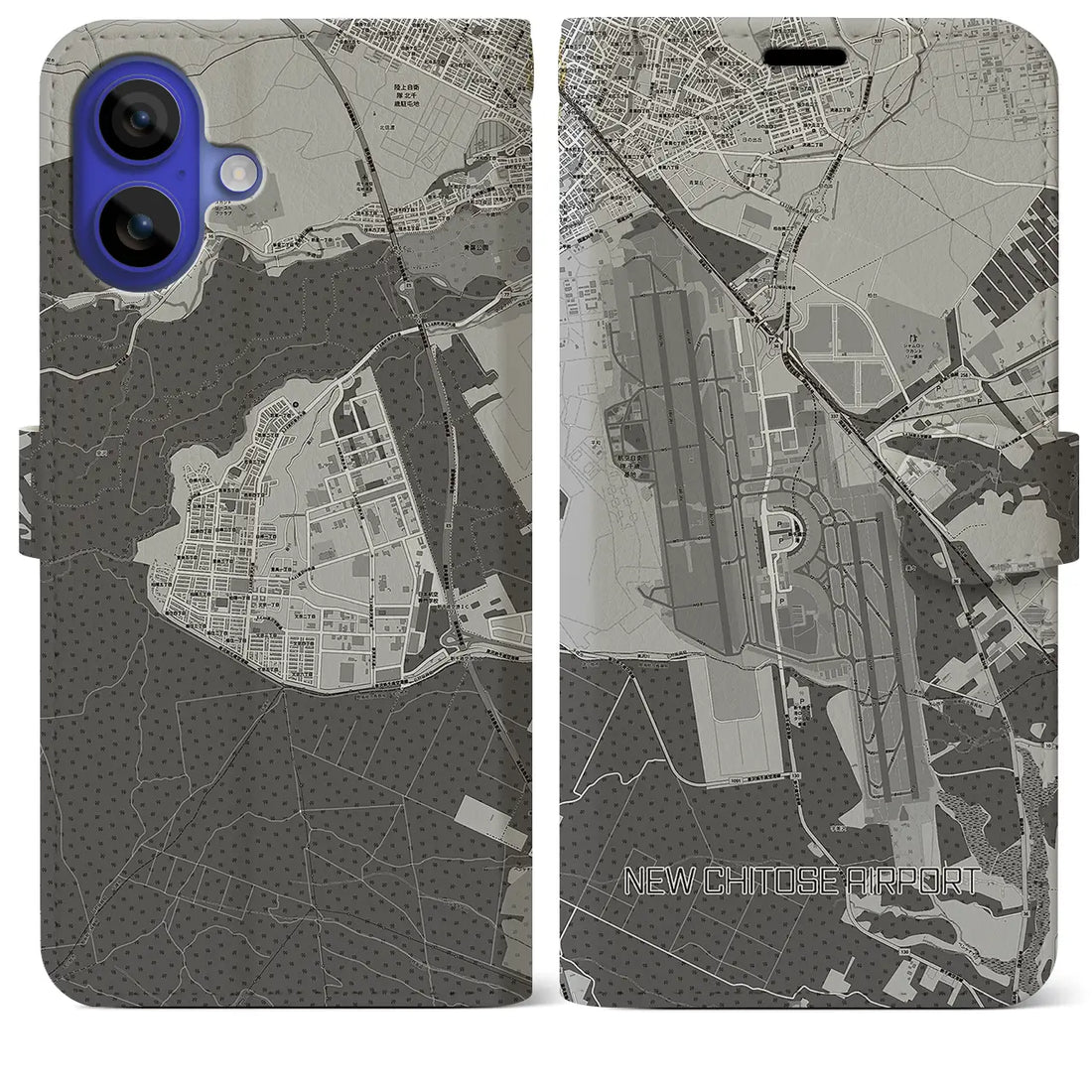 【新千歳空港(北海道)】地図柄iPhoneケース(手帳タイプ)モノトーン・iPhone 16 Pro Max 用