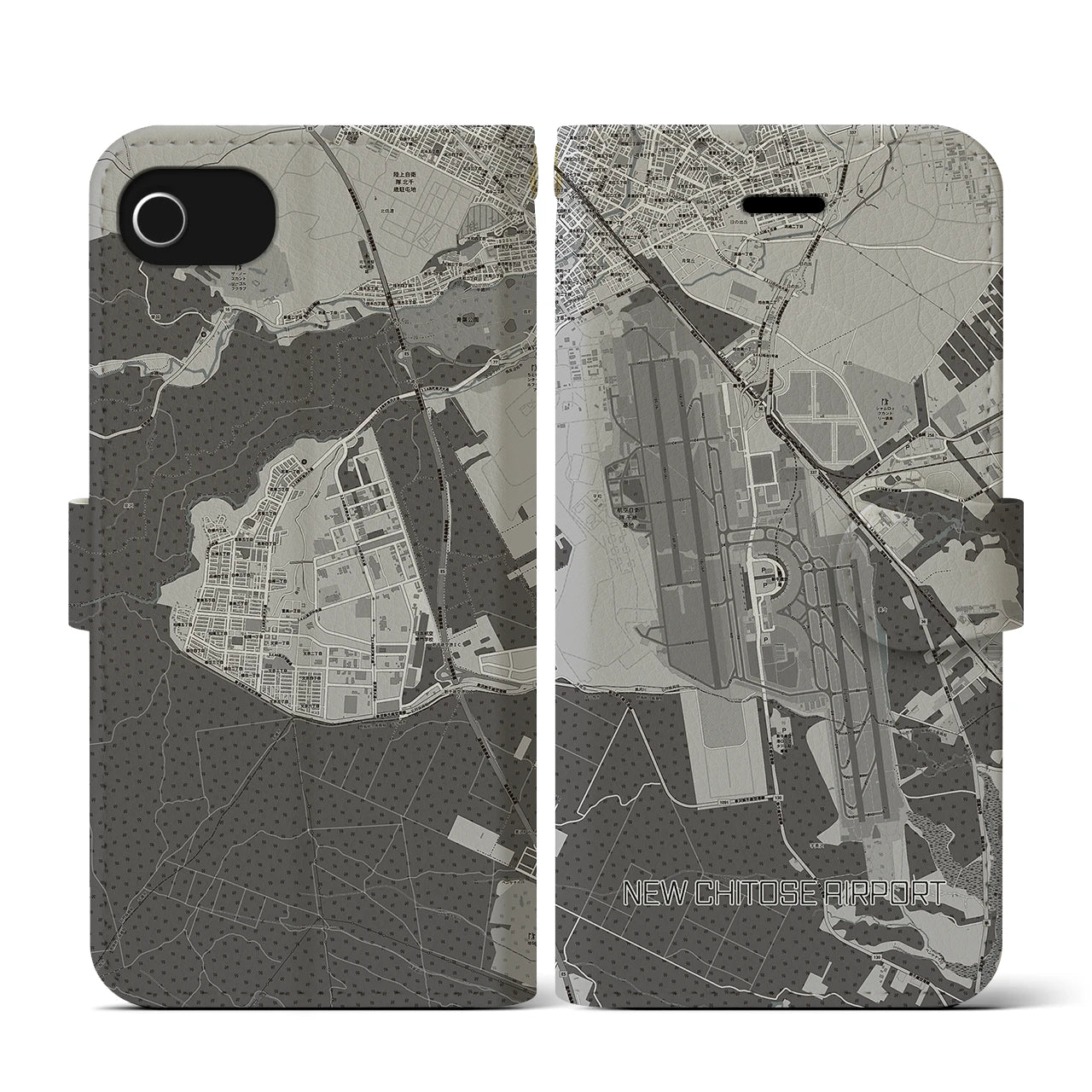 【新千歳空港】地図柄iPhoneケース（手帳両面タイプ・モノトーン）iPhone SE（第3 / 第2世代） / 8 / 7 / 6s / 6 用