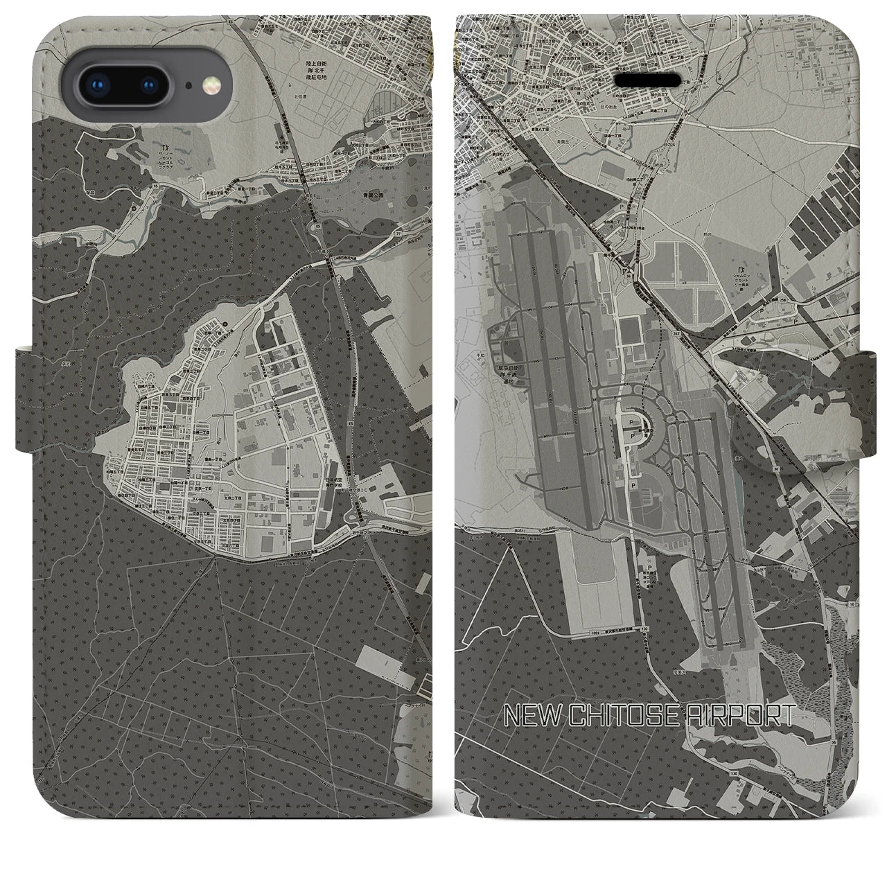【新千歳空港】地図柄iPhoneケース（手帳両面タイプ・モノトーン）iPhone 8Plus /7Plus / 6sPlus / 6Plus 用