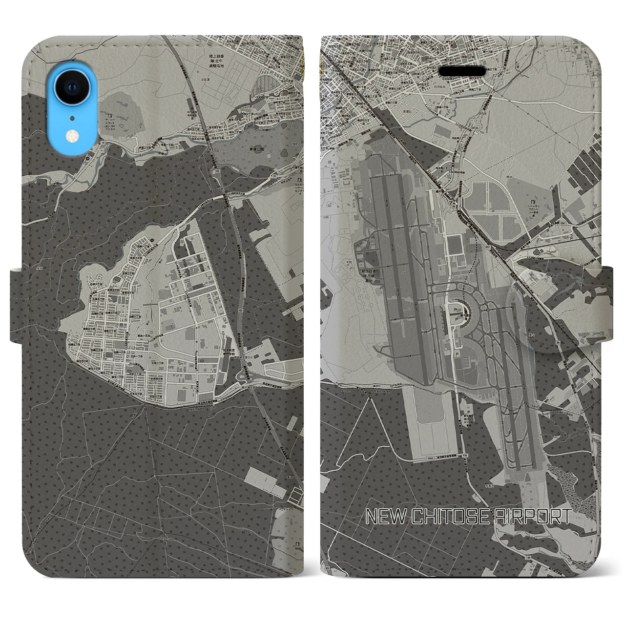 【新千歳空港】地図柄iPhoneケース（手帳両面タイプ・モノトーン）iPhone XR 用
