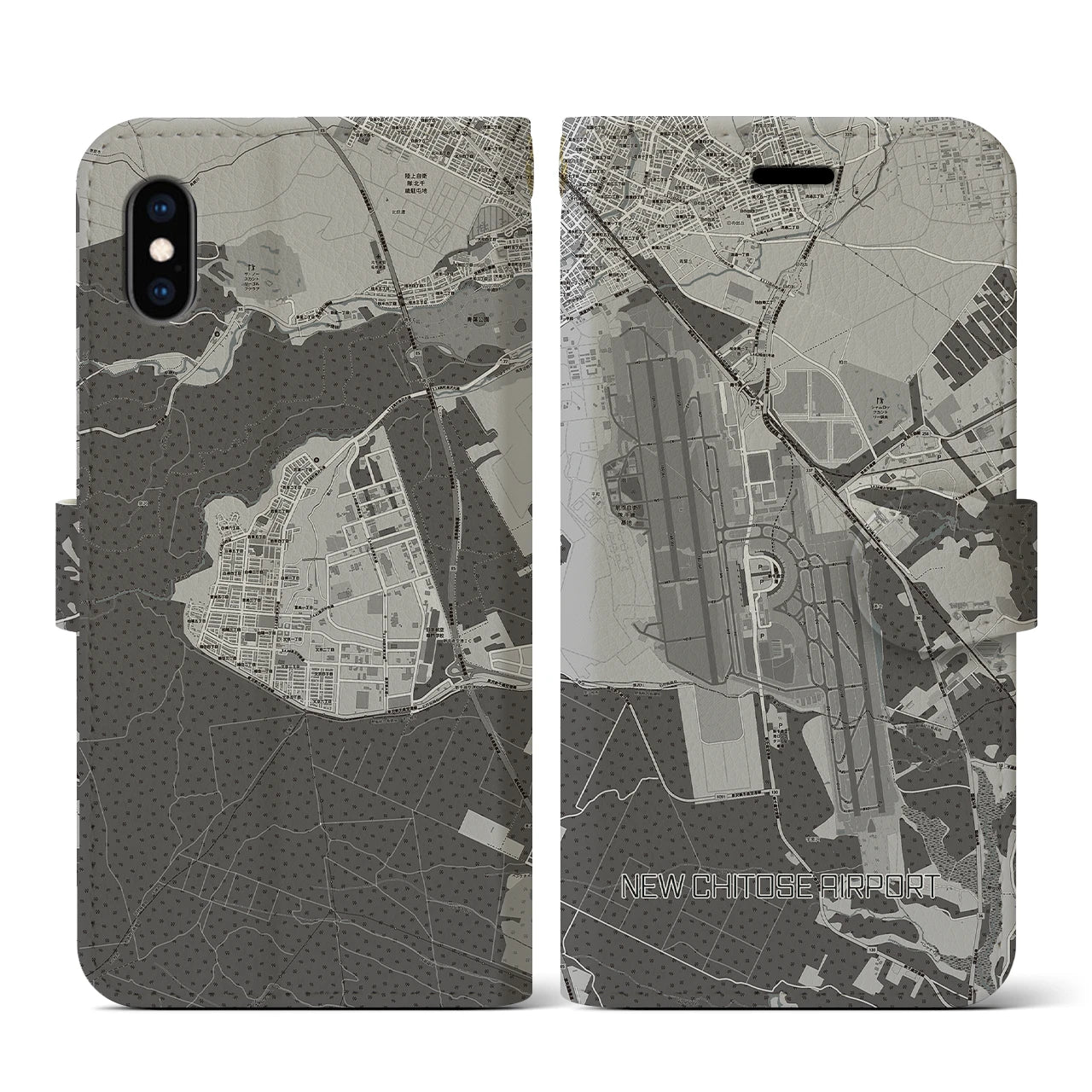 【新千歳空港】地図柄iPhoneケース（手帳両面タイプ・モノトーン）iPhone XS / X 用