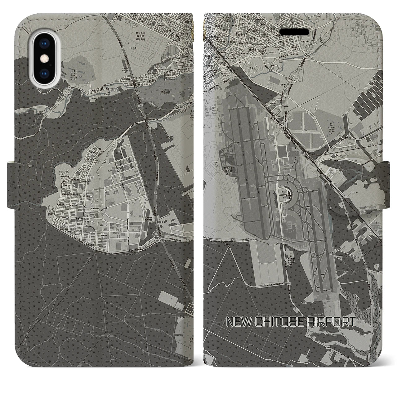 【新千歳空港】地図柄iPhoneケース（手帳両面タイプ・モノトーン）iPhone XS Max 用