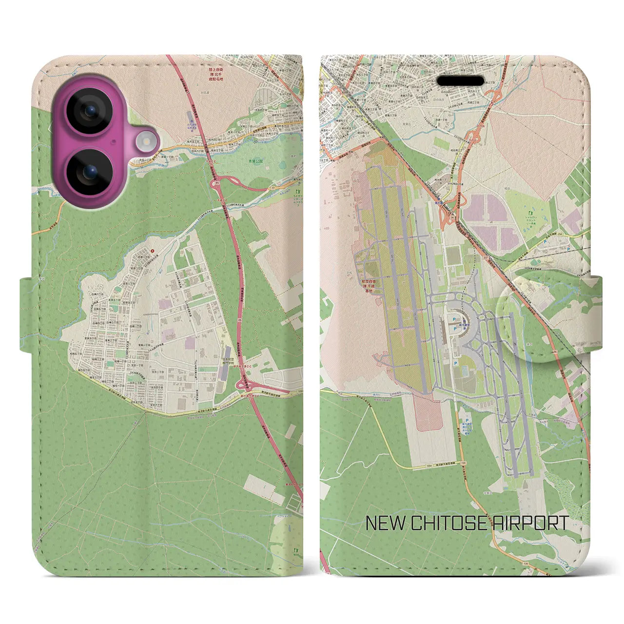 【新千歳空港（北海道）】地図柄iPhoneケース（手帳タイプ）ナチュラル・iPhone 16 Pro 用