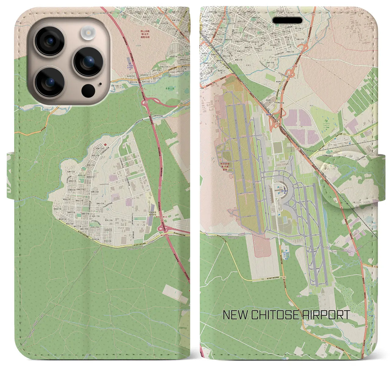 【新千歳空港（北海道）】地図柄iPhoneケース（手帳タイプ）ナチュラル・iPhone 16 Plus 用