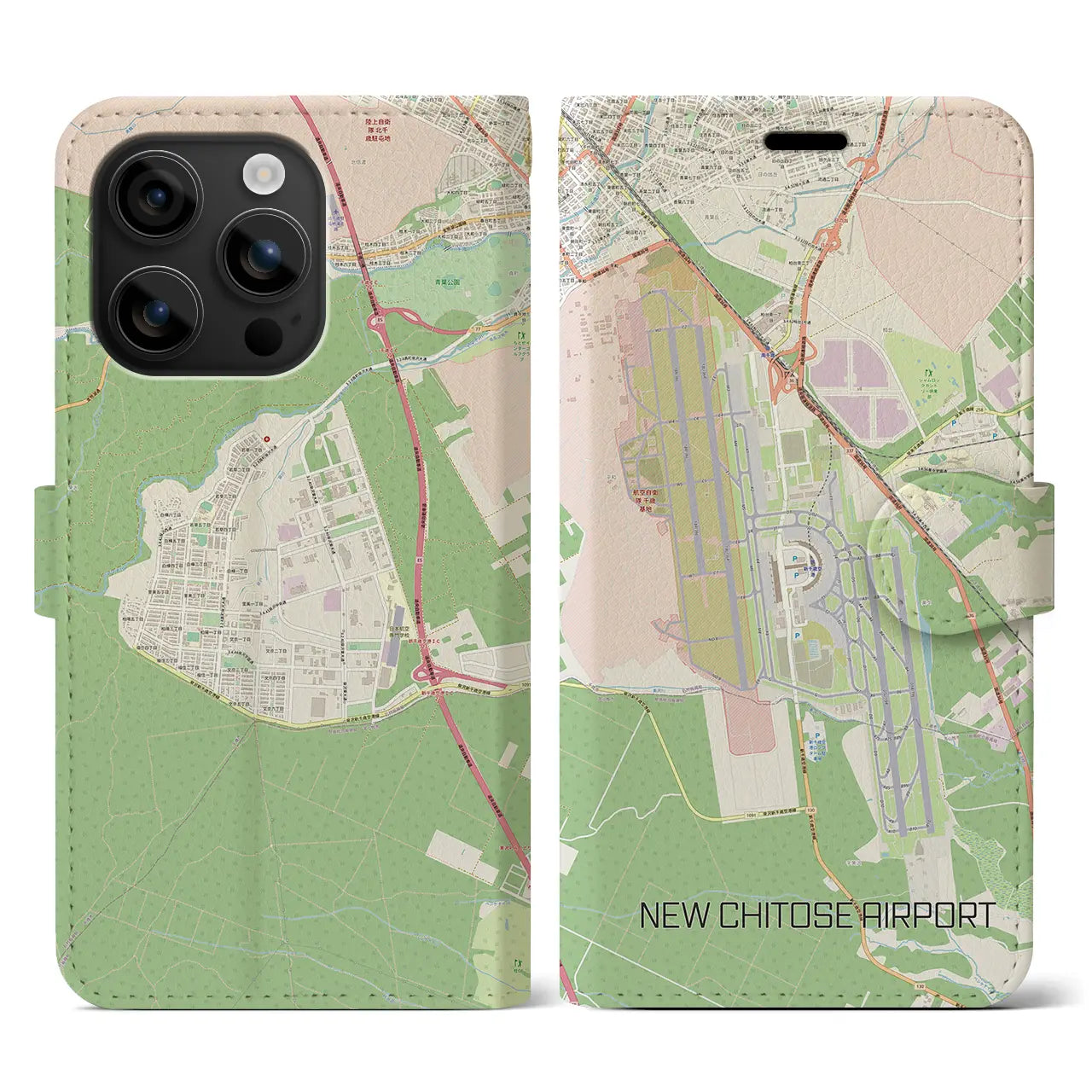 【新千歳空港（北海道）】地図柄iPhoneケース（手帳タイプ）ナチュラル・iPhone 16 用