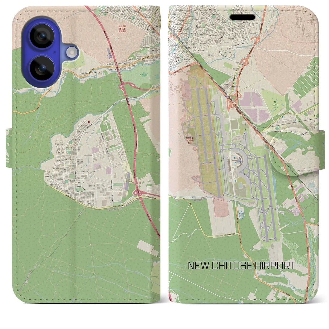 【新千歳空港（北海道）】地図柄iPhoneケース（手帳タイプ）ナチュラル・iPhone 16 Pro Max 用