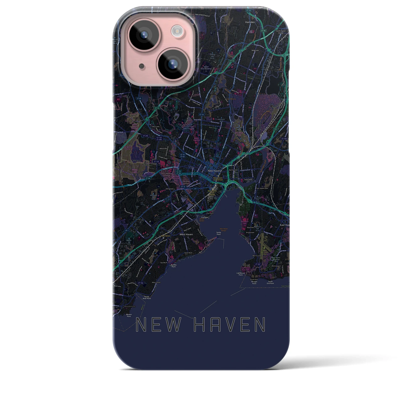 【ニューヘイブン】地図柄iPhoneケース（バックカバータイプ・ブラック）iPhone 15 Plus 用