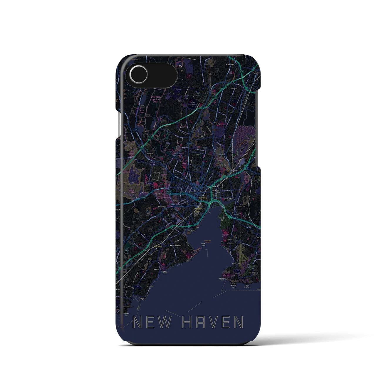 【ニューヘイブン】地図柄iPhoneケース（バックカバータイプ・ブラック）iPhone SE（第3 / 第2世代） / 8 / 7 / 6s / 6 用