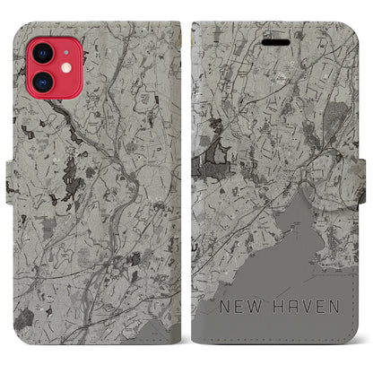 【ニューヘイブン（アメリカ）】地図柄iPhoneケース（手帳タイプ）モノトーン・iPhone 11 用