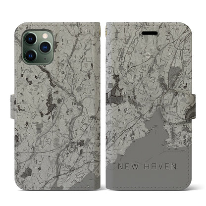 【ニューヘイブン（アメリカ）】地図柄iPhoneケース（手帳タイプ）モノトーン・iPhone 11 Pro 用