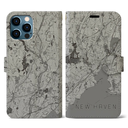 【ニューヘイブン（アメリカ）】地図柄iPhoneケース（手帳タイプ）モノトーン・iPhone 12 / 12 Pro 用