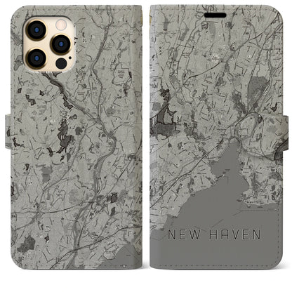 【ニューヘイブン（アメリカ）】地図柄iPhoneケース（手帳タイプ）モノトーン・iPhone 12 Pro Max 用