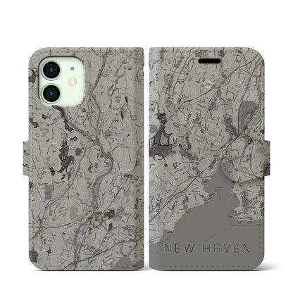 【ニューヘイブン（アメリカ）】地図柄iPhoneケース（手帳タイプ）モノトーン・iPhone 12 mini 用