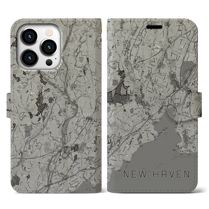 【ニューヘイブン（アメリカ）】地図柄iPhoneケース（手帳タイプ）モノトーン・iPhone 13 Pro 用
