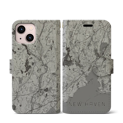 【ニューヘイブン（アメリカ）】地図柄iPhoneケース（手帳タイプ）モノトーン・iPhone 13 mini 用