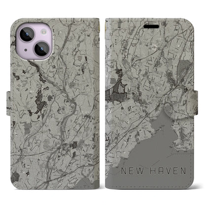【ニューヘイブン（アメリカ）】地図柄iPhoneケース（手帳タイプ）モノトーン・iPhone 14 用