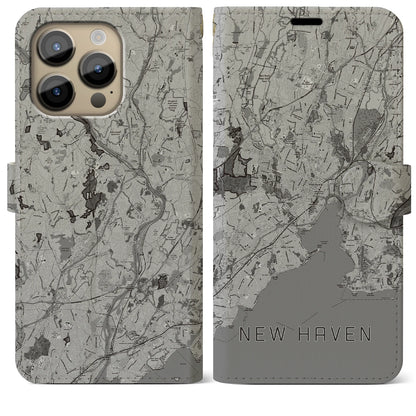 【ニューヘイブン（アメリカ）】地図柄iPhoneケース（手帳タイプ）モノトーン・iPhone 14 Pro Max 用
