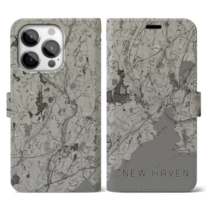 【ニューヘイブン（アメリカ）】地図柄iPhoneケース（手帳タイプ）モノトーン・iPhone 14 Pro 用