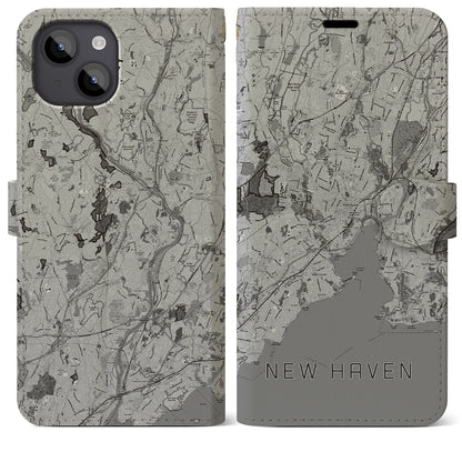 【ニューヘイブン（アメリカ）】地図柄iPhoneケース（手帳タイプ）モノトーン・iPhone 14 Plus 用