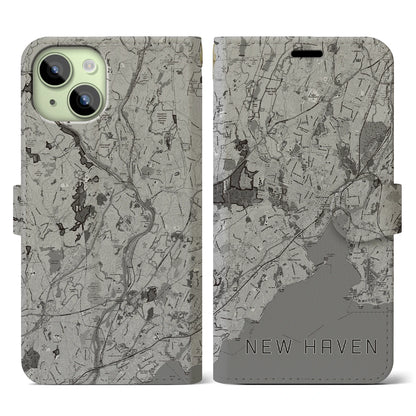【ニューヘイブン（アメリカ）】地図柄iPhoneケース（手帳タイプ）モノトーン・iPhone 15 用