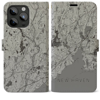 【ニューヘイブン（アメリカ）】地図柄iPhoneケース（手帳タイプ）モノトーン・iPhone 15 Pro Max 用