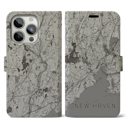 【ニューヘイブン（アメリカ）】地図柄iPhoneケース（手帳タイプ）モノトーン・iPhone 15 Pro 用