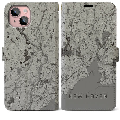 【ニューヘイブン（アメリカ）】地図柄iPhoneケース（手帳タイプ）モノトーン・iPhone 15 Plus 用